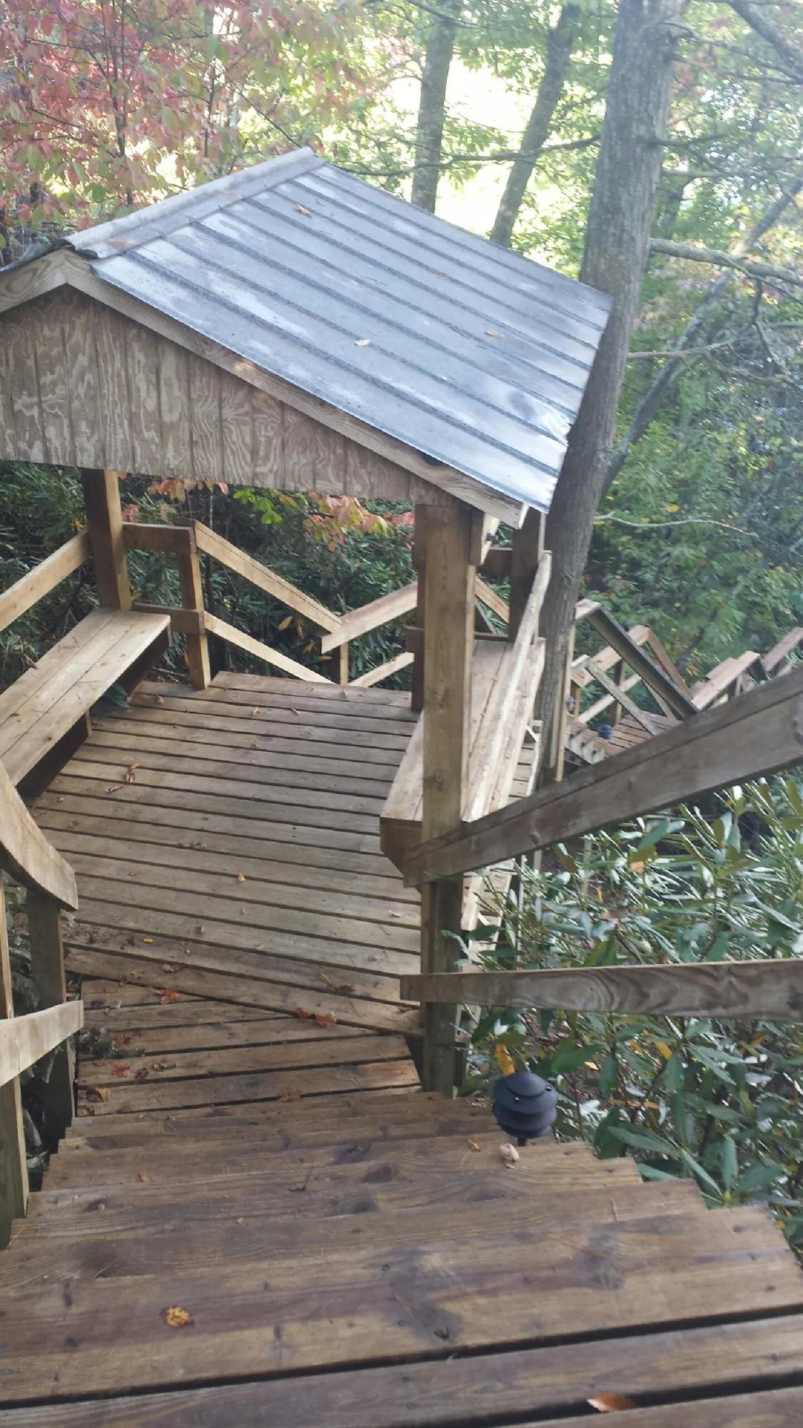 Metal roofed shelter over wooden steps on a wooded walkway — Skylight Repair & Installation work by our crew in Silver Creek